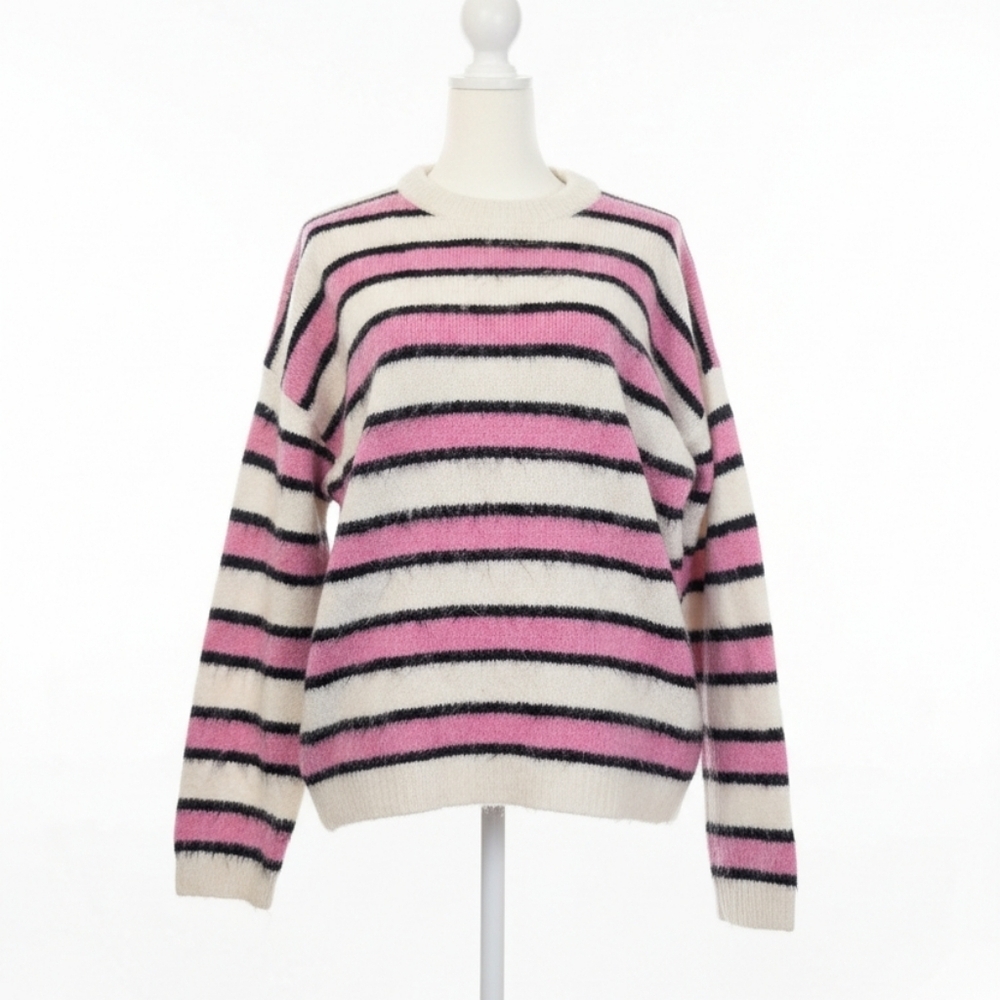 Rita Ora x Primark Striped Fluffy Oversized Crew Neck Cabin Sweater M White Pink